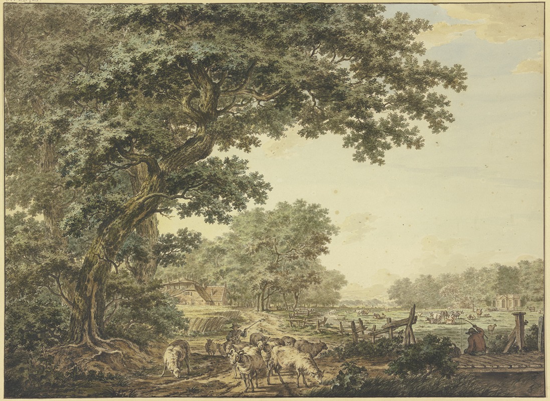 Jacob Cats - Wiesengrund zwischen dem Wald mit vielem Vieh, vorne ein Schäfer mit seiner Herde, auf einer Brücke rechts ein Angler