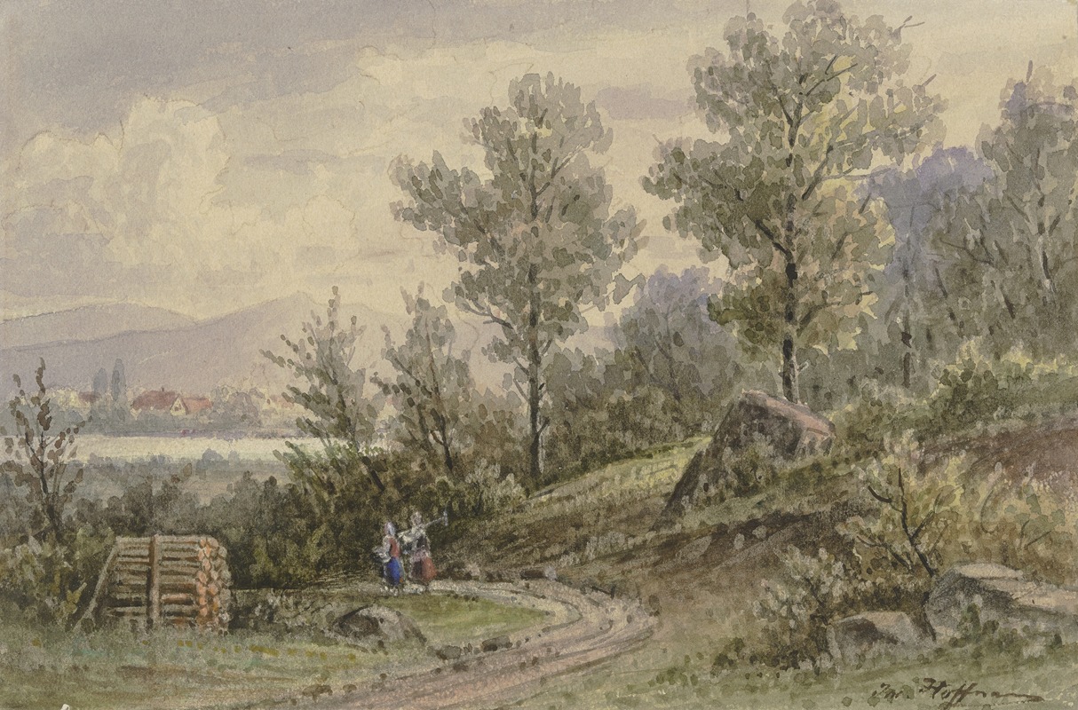 Jacob Hoffmann - Blick vom Wald auf ein Dorf und Berge