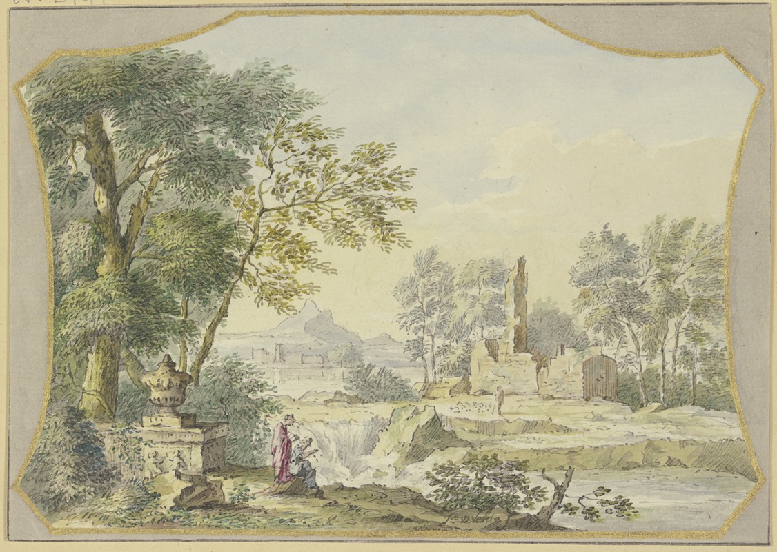 Jacob van de Velde - Landschaft mit einer Ruine, links bei einer Vase unter Bäumen zwei Figuren