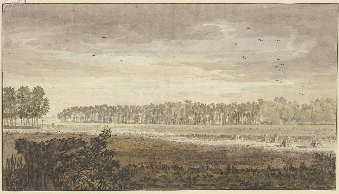 Jacob van Liender - Landschaft, im Hintergrunde ein langes Wäldchen, vorne Felder mit einigen Fruchtgarben