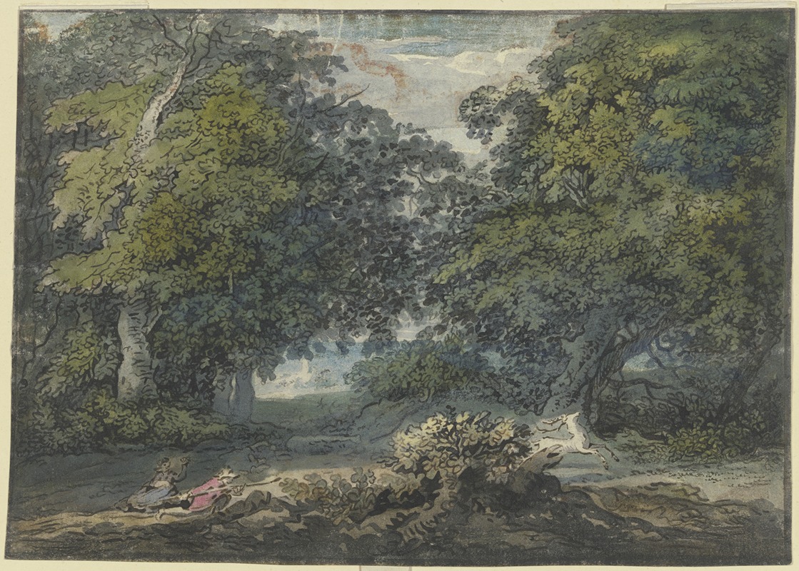 Jacob van Liender - Waldlandschaft, ein Mann jagt einen weißen Hirschen, bei ihm sitzt eine Frau