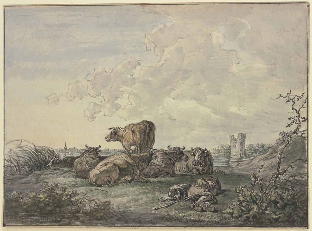 Jacob van Strij - Schlafender Hirte und Rinderherde in einer Landschaft