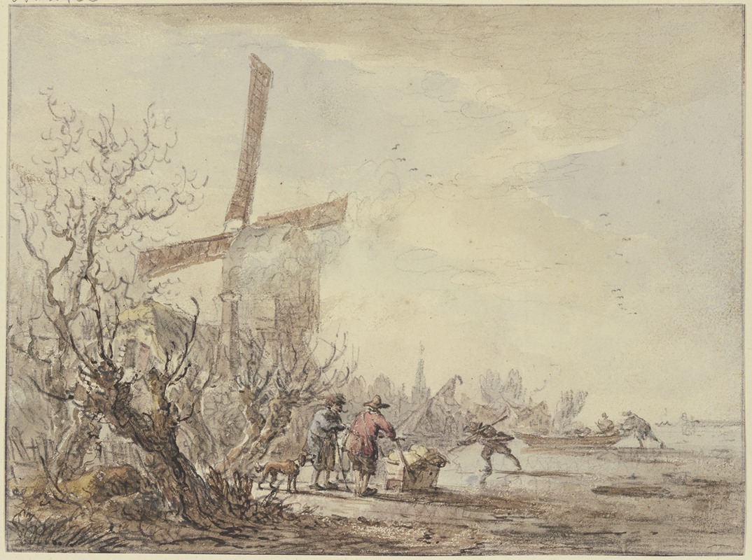 Jacob van Strij - Riverbank with windmill