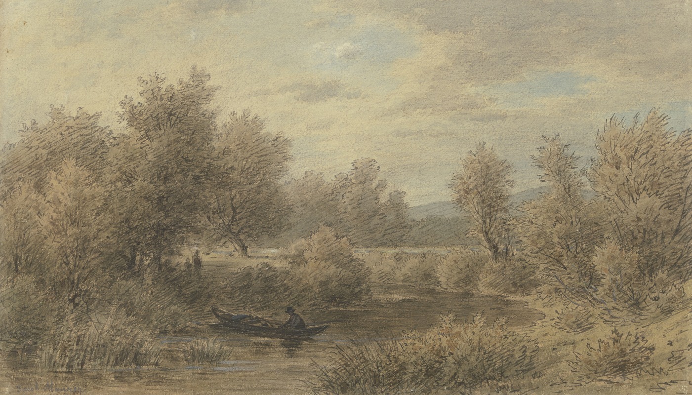 Jakob Maurer - Ein Kahn mit einem Fährmann hält am Ufer (Motiv an der Nied)