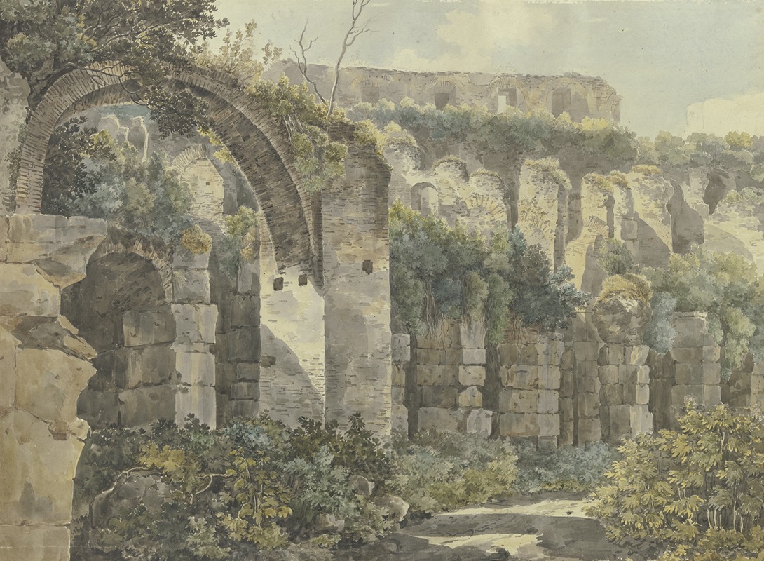 Jakob Philipp Hackert - Römische Ruinen mit großem Bogen und hohen Mauern, von Pflanzen überwuchert