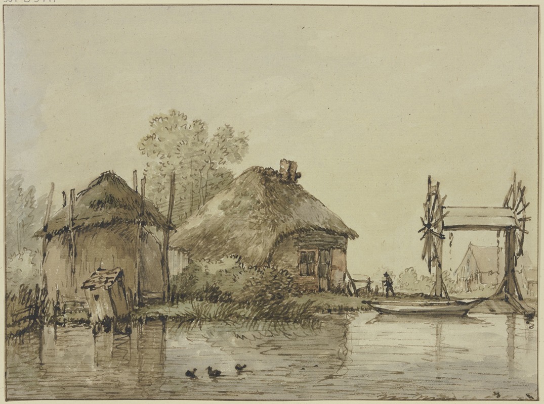 Jan Hulswit - An einem Kanal ein Haus mit Scheune und eine Schleuse mit zwei Rädern