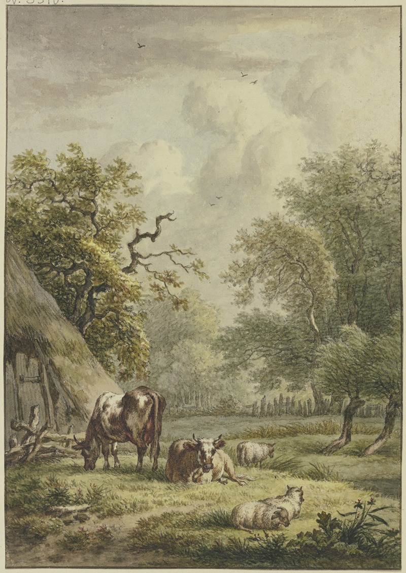 Jan Hulswit - Bei einer Hütte weiden zwei Kühe und drei Schafe