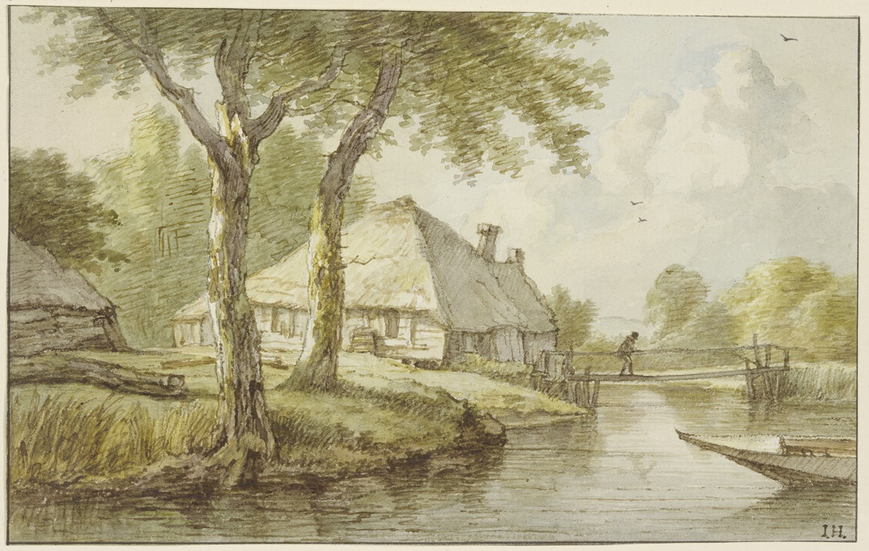 Jan Hulswit - Bei zwei Bäumen ein Haus am Wasser, ein Steg, rechts die Spitze eines Kahnes