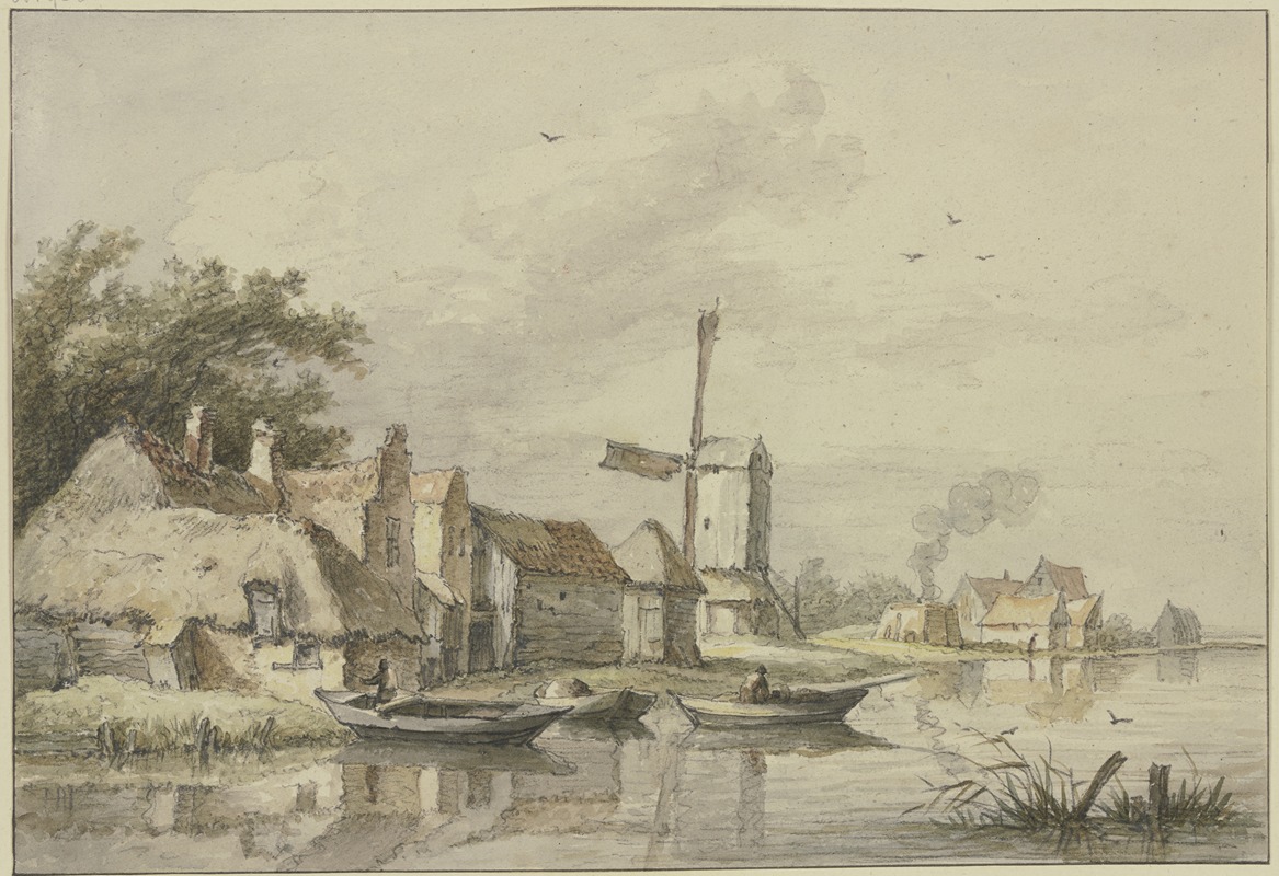Jan Hulswit - Dorf mit einer Windmühle am Wasser