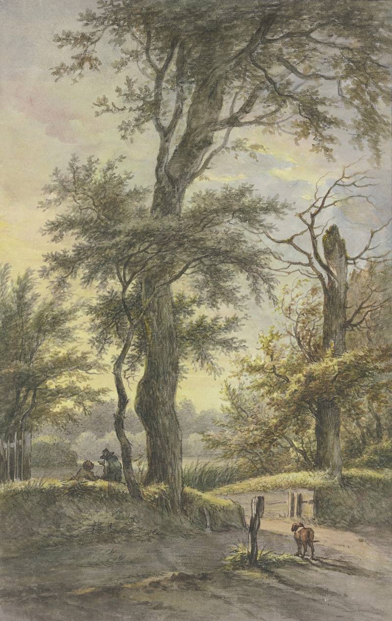 Jan Hulswit - Eiche, darunter zwei Männer auf dem Weg, ein Hund bei einem Pfahl, im Licht der Abendsonne
