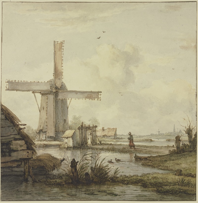 Jan Hulswit - Windmühle vor einer Stadt mit hohem Turm, über einen abgegatterten Damm am Stock schreitend eine Frau