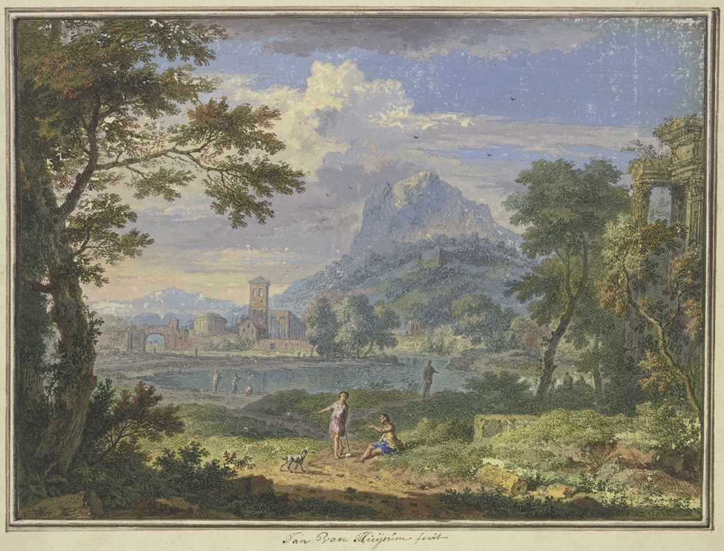 Jan van Huysum - Landschaft mit einer italienischen Stadt bei einem hohen Berg, rechts die Ruine eines Tempels, im Vordergrund zwei Figuren und ein Hund