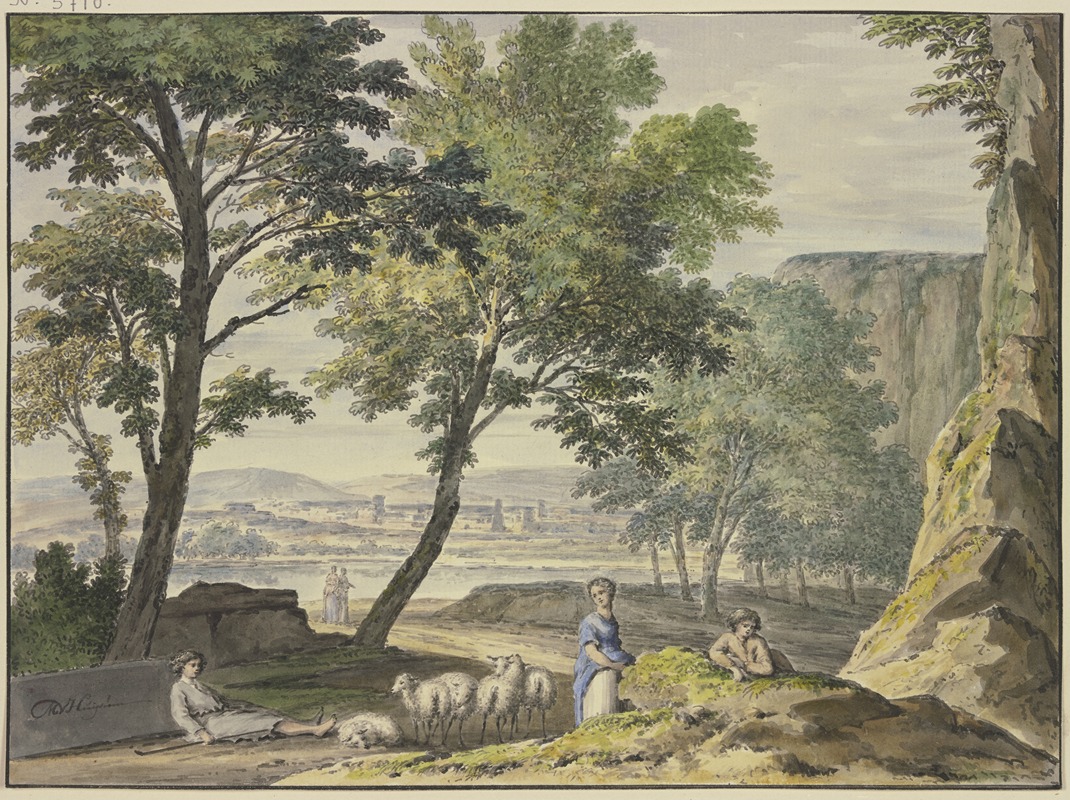 Jan van Huysum - Stilvolle Landschaft mit Schafhirten, in der Ferne eine Stadt