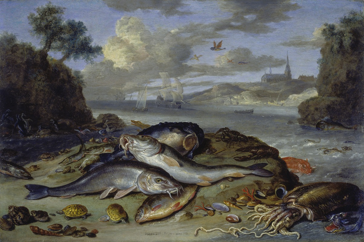 Jan Van Kessel The Elder - Still Life with Fish and Sea Animals in a Coastal Landscape