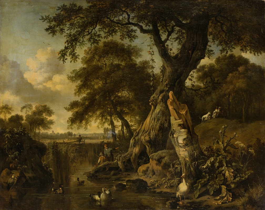 Jan Wijnants - River Landscape with Fisherman and Hunter