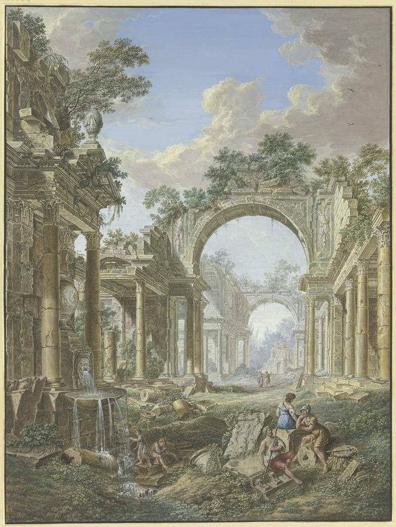 Jean François Gout - Römische Ruinen, links ein Brunnen, mit Staffage