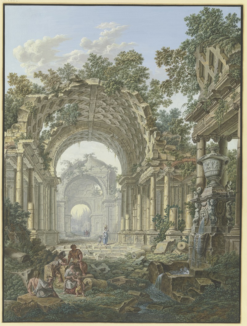 Jean François Gout - Römische Ruinen, rechts ein Brunnen, mit Staffage