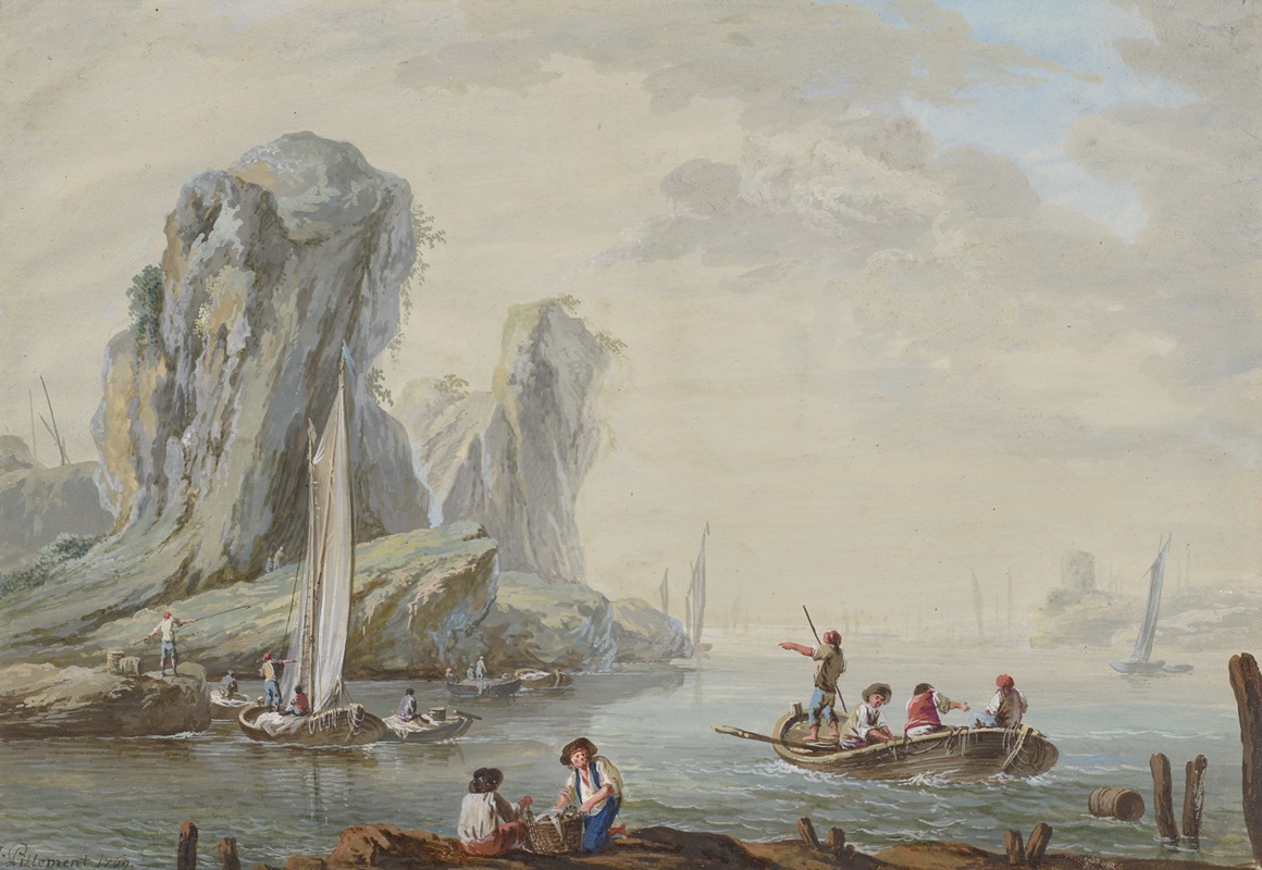 Jean-Baptiste Pillement - Meeresbucht mit großen Felsen links und Fischern