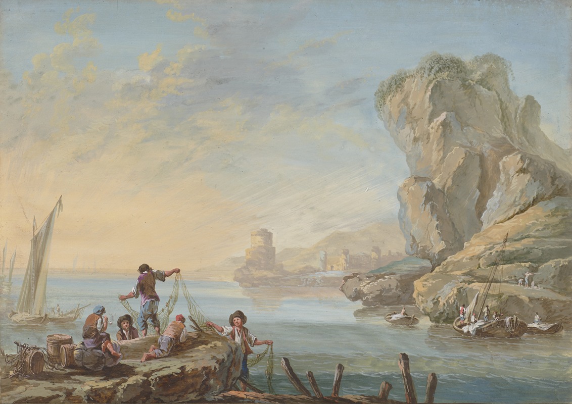 Jean-Baptiste Pillement - Meeresbucht mit großen Felsen rechts und Fischern