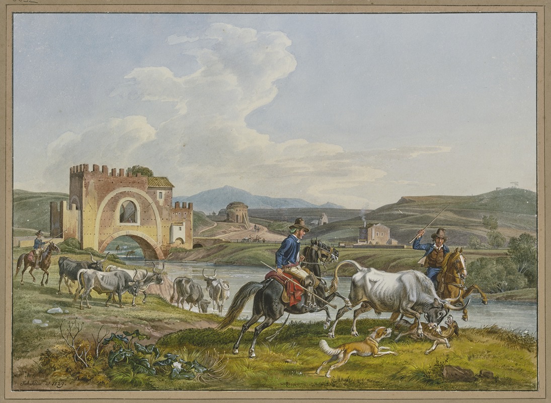 Johann Adam Klein - Römische Campagnoli zu Pferde fangen mit Hunden einen Stier ein