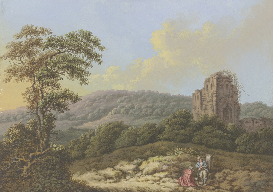 Johann Albrecht Friedrich Rauscher - Landschaft mit einer Ruine, links ein hoher Baum, im Vordergrund zwei Wanderer