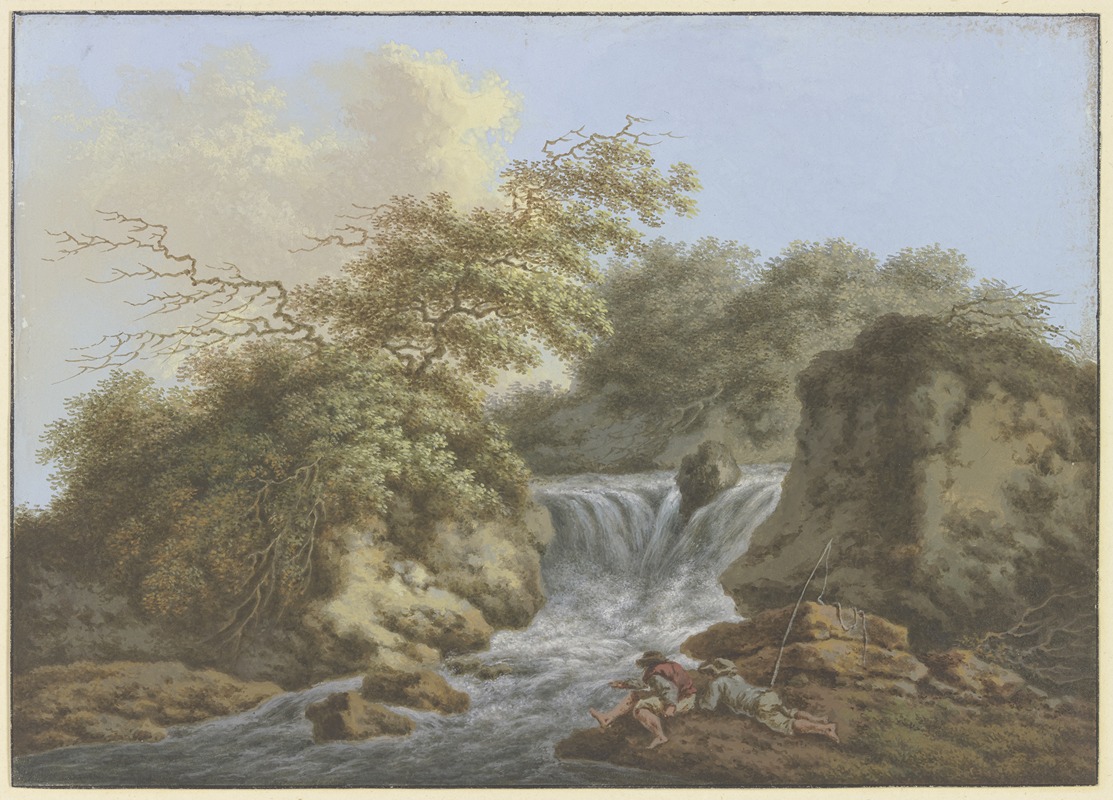Johann Albrecht Friedrich Rauscher - Wasserfall zwischen zwei Felsen, am Ufer rechts zwei Angler