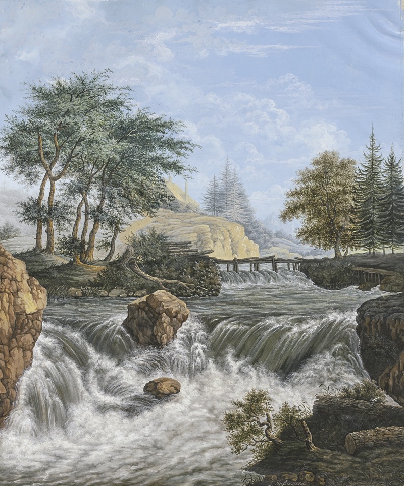 Johann David Passavant - Wasserfall im Gebirge, am Ufer und im Hintergrund Nadelhölzer