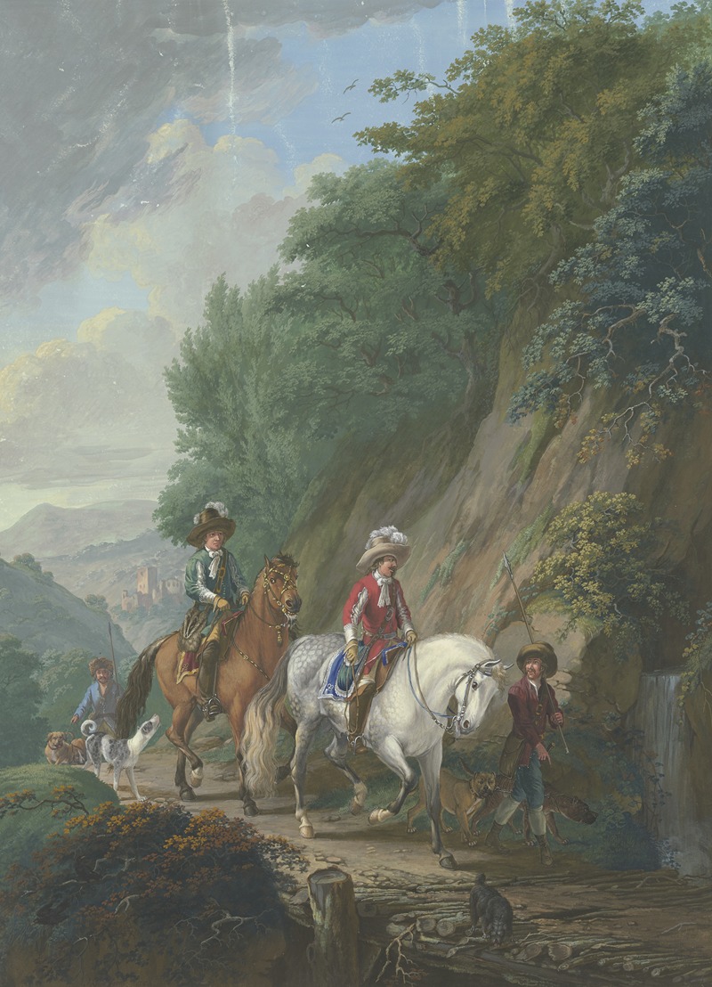 Johann Georg Pforr - Ein rotgekleideter Kavalier auf einem Schimmel mit Gefolge reitet auf einem steilen Bergweg über eine Holzbrücke bei einem Wasserfall