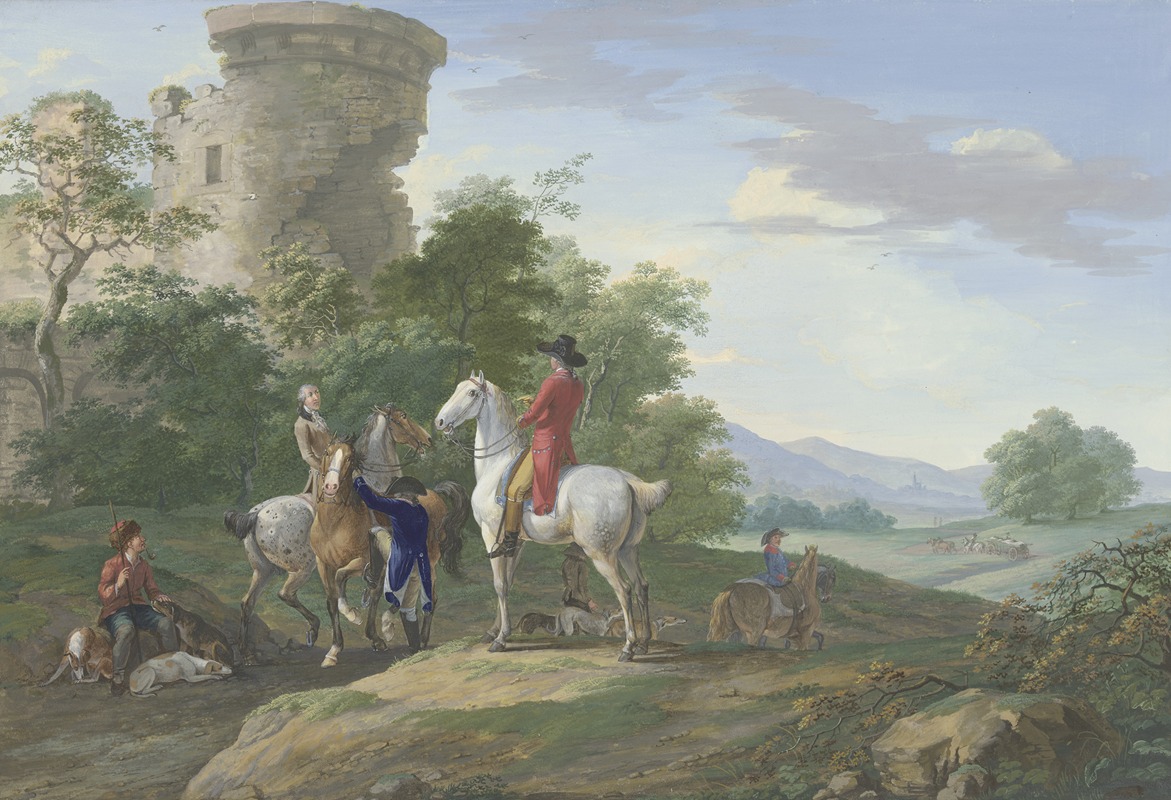 Johann Georg Pforr - Jäger mit Pferden und Jagdhunden machen bei einer Ruine halt