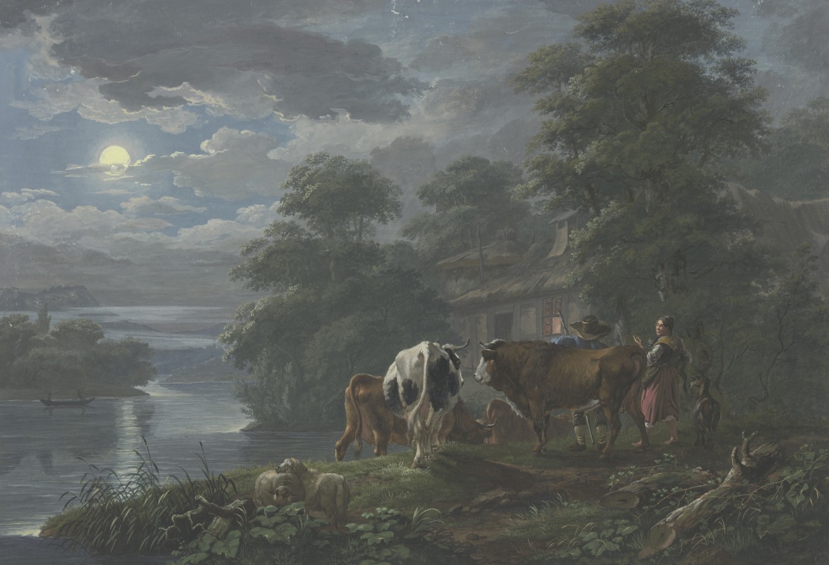Johann Georg Pforr - Mondscheinlandschaft an einem Fluß, Hirte und Hirtin treiben das Vieh zum Hof