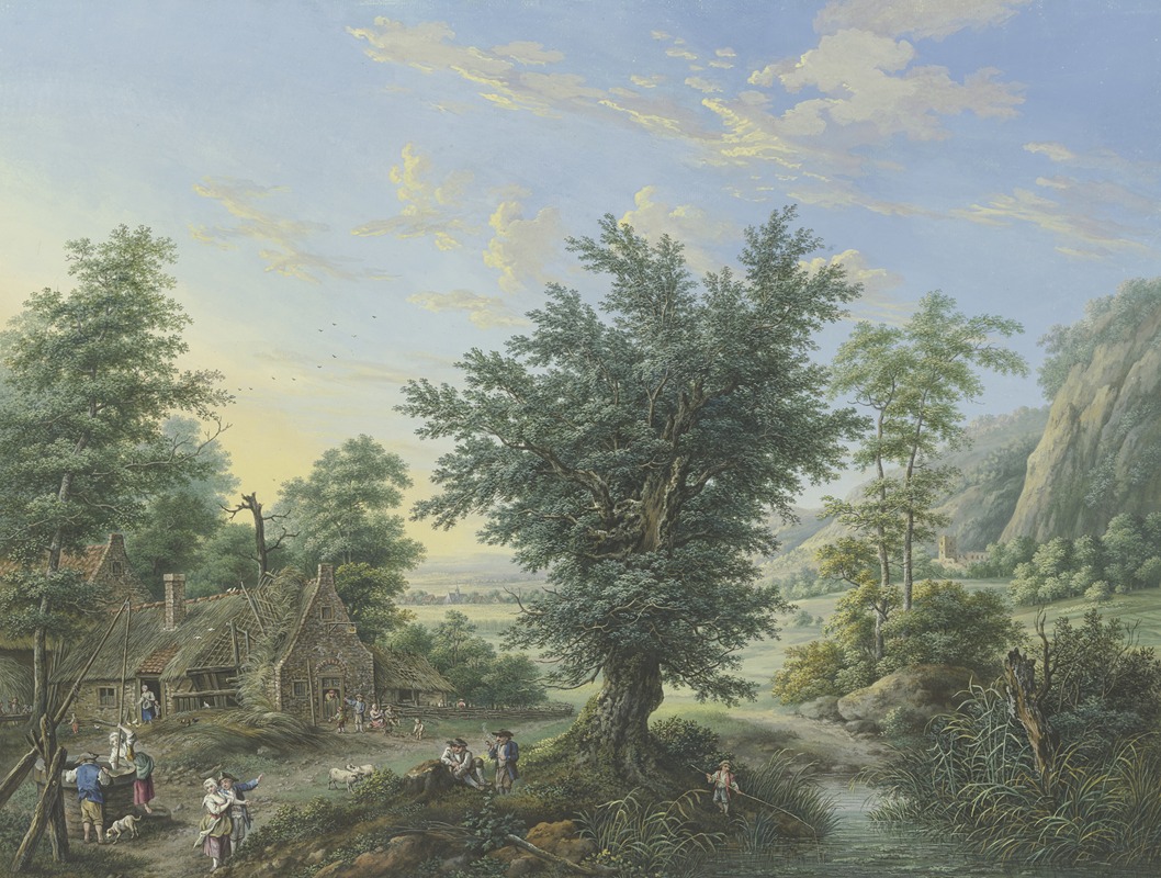 Johann Georg Pforr - Rich landscape with trees, meadows and villages, in the front left a hut with a well and many figures