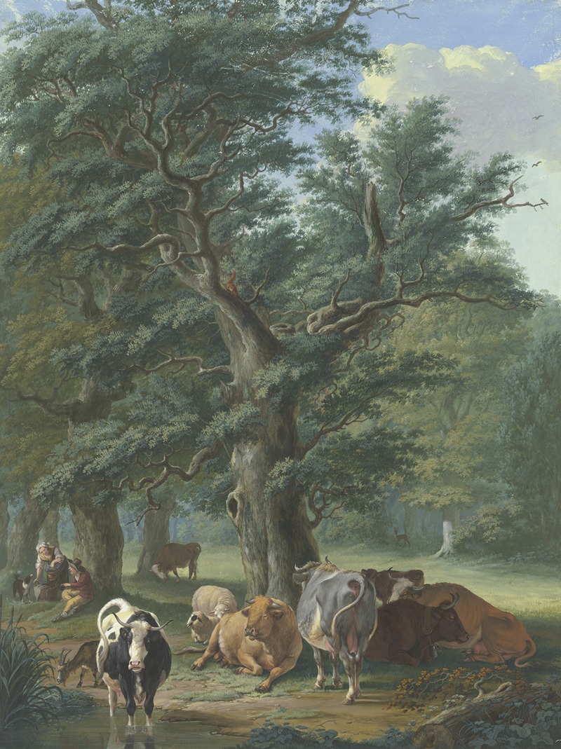 Johann Georg Pforr - Unter einen großen Eiche ruht Vieh, in der Ferne ein Reh, links bringt eine Frau dem Hirten das Essen