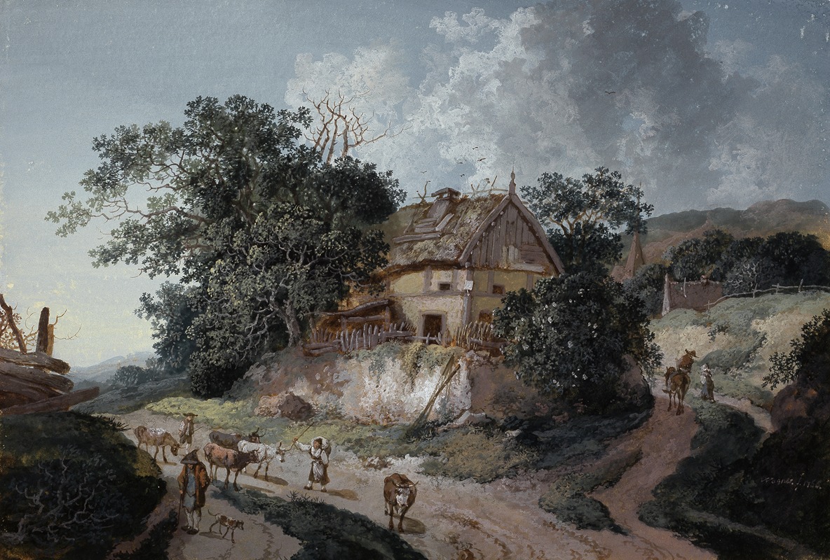 Johann Georg Wagner - Bauernhaus unter Bäumen an einer Weggabelung