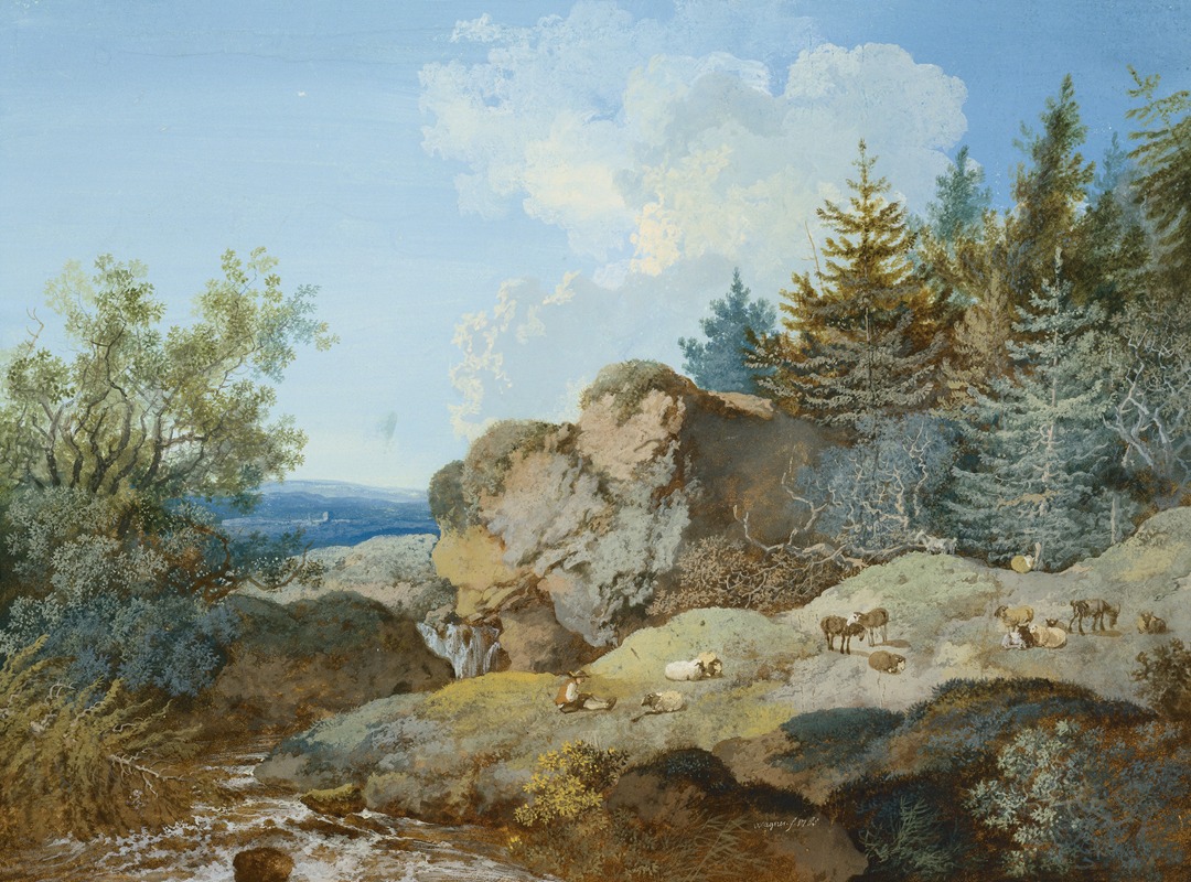 Johann Georg Wagner - Waldlandschaft im Gebirge mit Herde und Gewässer