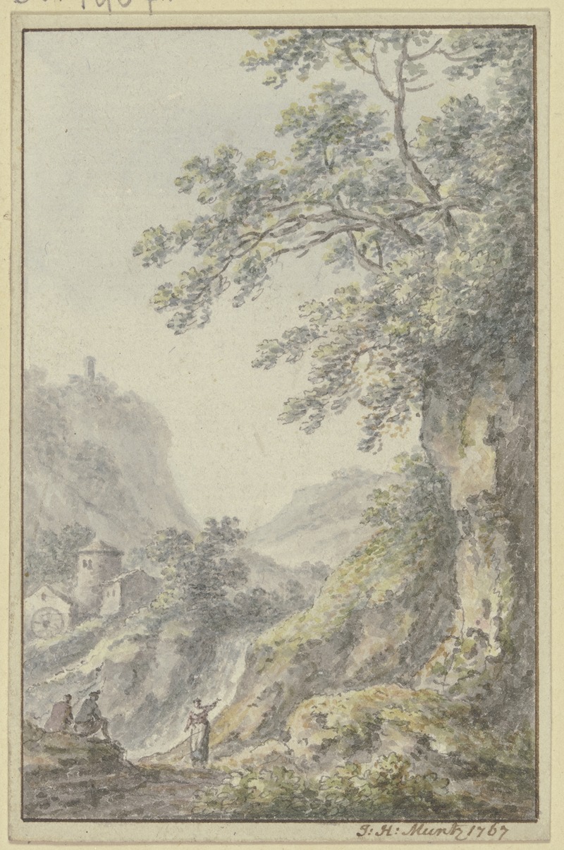 Johann Heinrich Müntz - Blick in eine Berglandschaft mit einer Burg, im Vordergrund ein Hohlweg mit drei Figuren