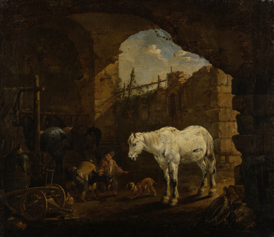 Johann Heinrich Roos - Children playing in a Stable
