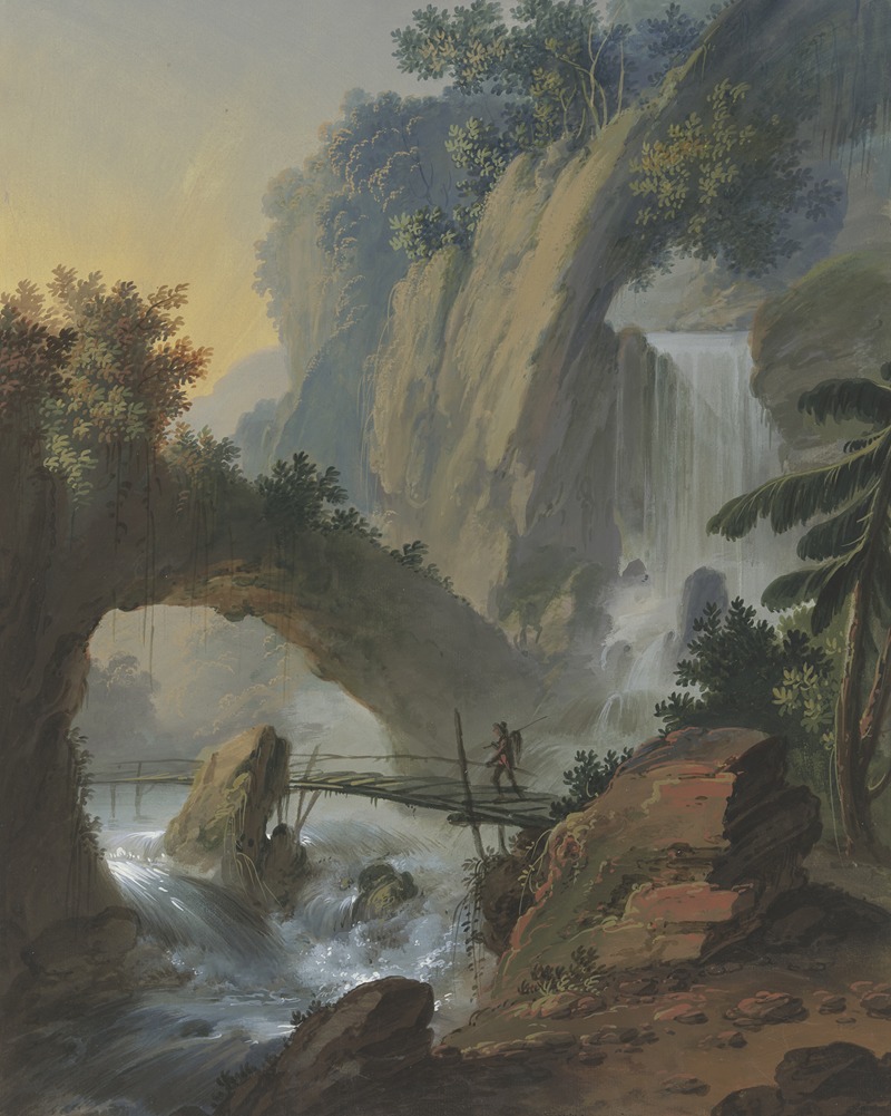 Johann Jakob Schillinger - Steg über einen Wasserfall, darüber ein Felsentor