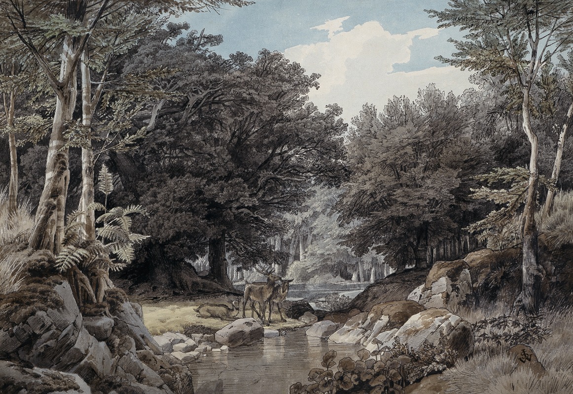Johann Wilhelm Schirmer - Waldinneres mit Hirschen am Wasser