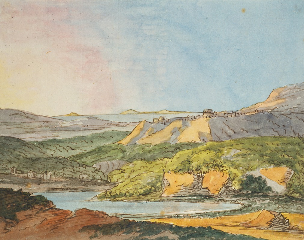 Johann Wolfgang Von Goethe - Südliche Landschaft am Meer mit bewaldeten Hügeln und einem Gewässer im Vordergrund