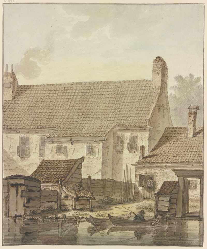 Johannes Hendrik Knoop - Häuserzeile am Wasser, vorne zwei Kähne mit einem Angler