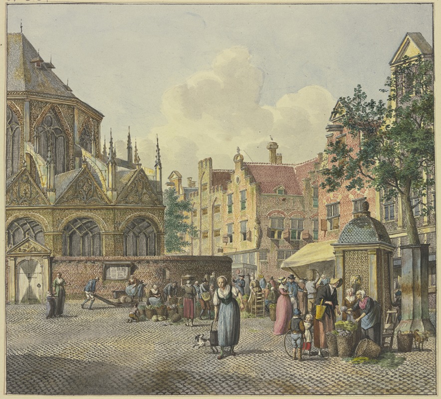 Johannes Huibert Prins - Links der Chor einer Kirche, rechts ein Brunnenhaus, mit Gemüseverkäuferinnen