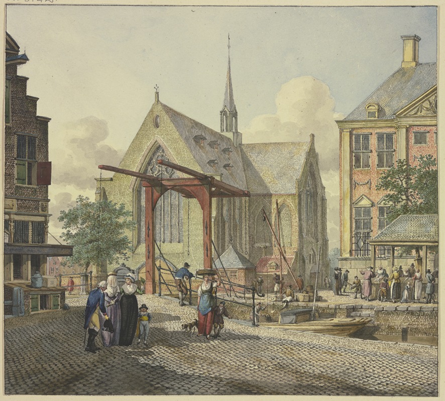 Johannes Huibert Prins - Schleusentor bei einer Kirche, links eine verschleierte Dame, ein Offizier und eine Dame mit einem Knaben