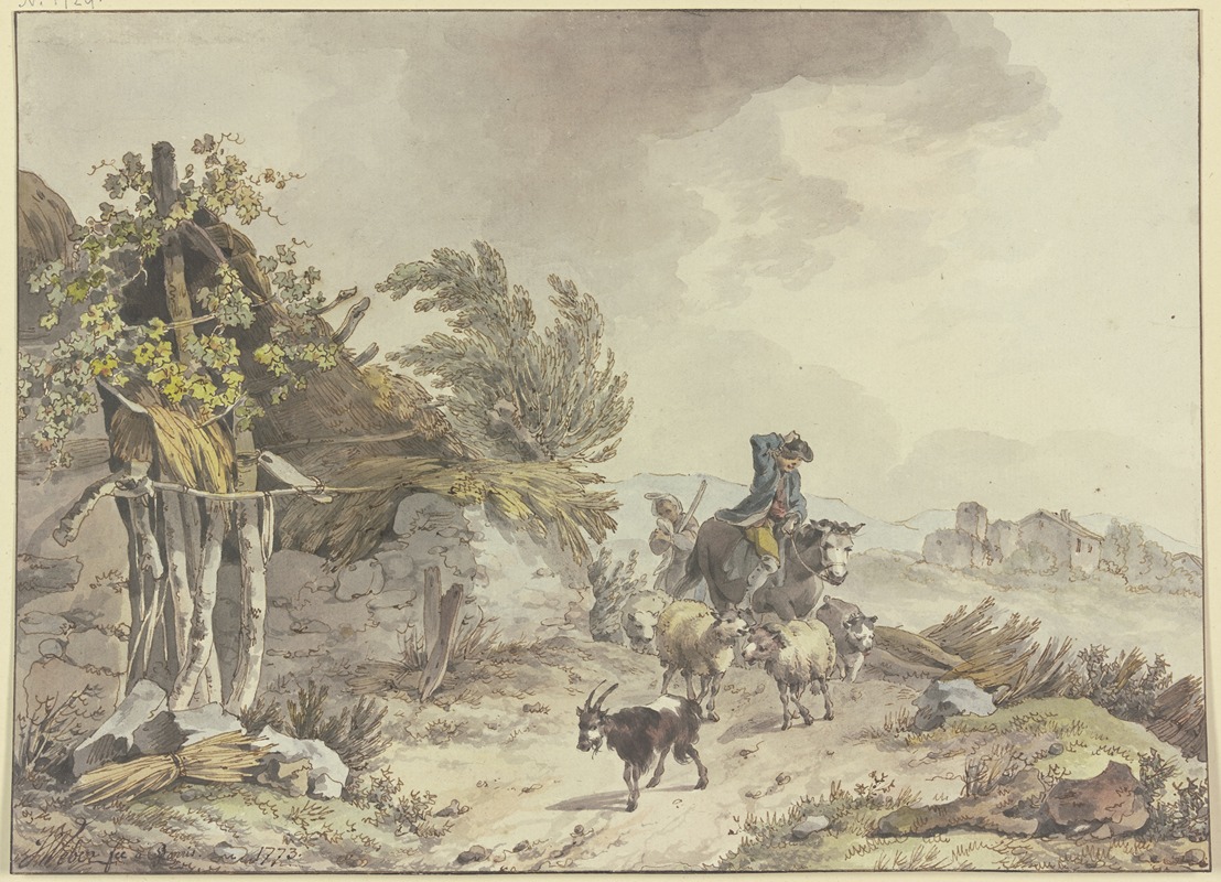 John Webber - On the path next to a dilapidated hut with a thatched roof, a shepherd on horseback and a farmer’s wife with sheep and goats