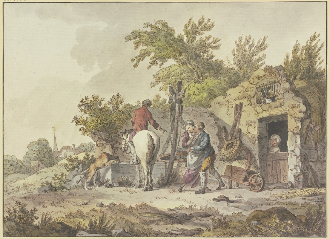 John Webber - Rider with dog at a watering place, on the right, a man embraces a girl