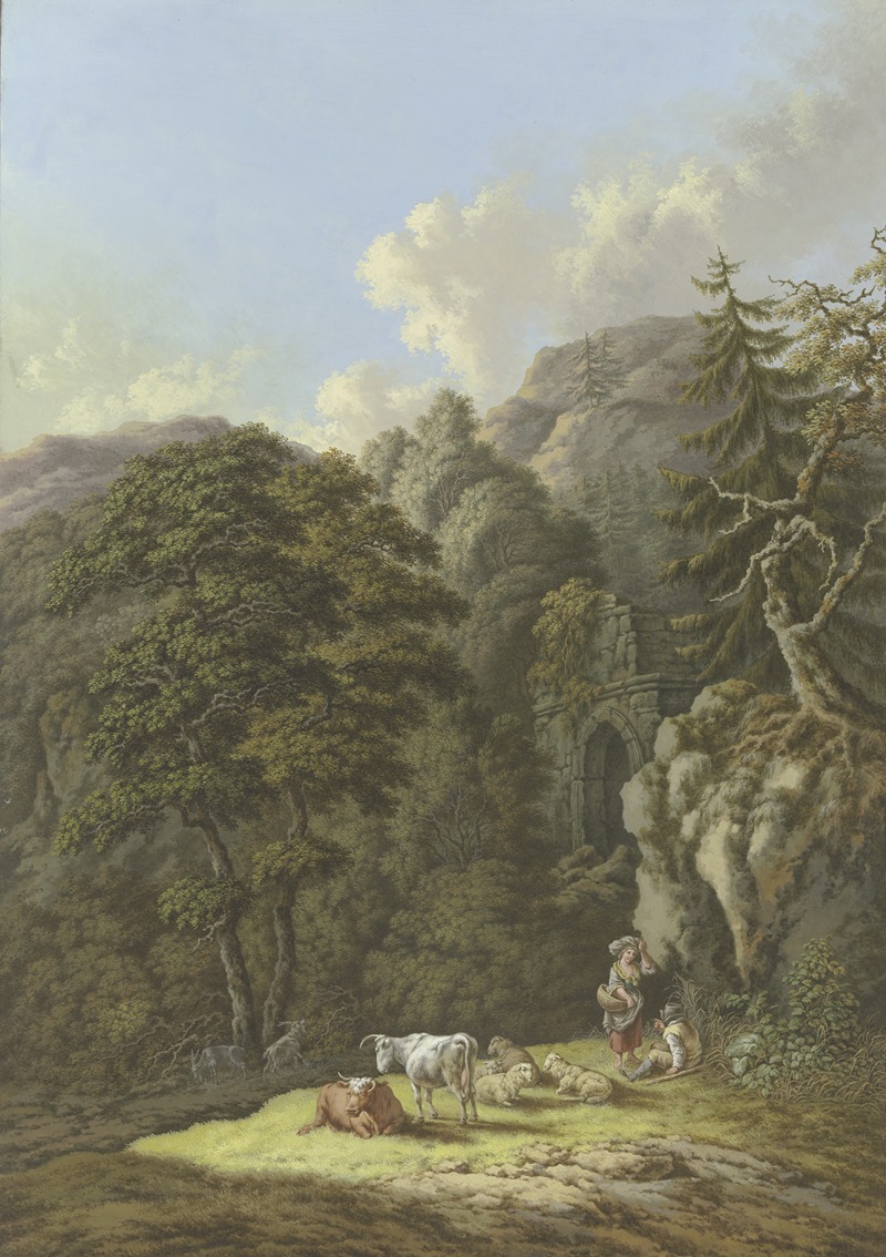 Karl Franz Kraul - Waldige Berglandschaft mit einem alten Tor und einer Viehherde in einer Lichtung