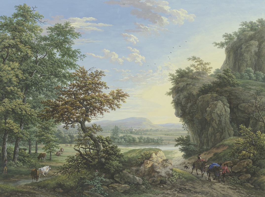Karl Franz Kraul - Wiesengrund an Fluß und Wald, rechts hohe Felsen