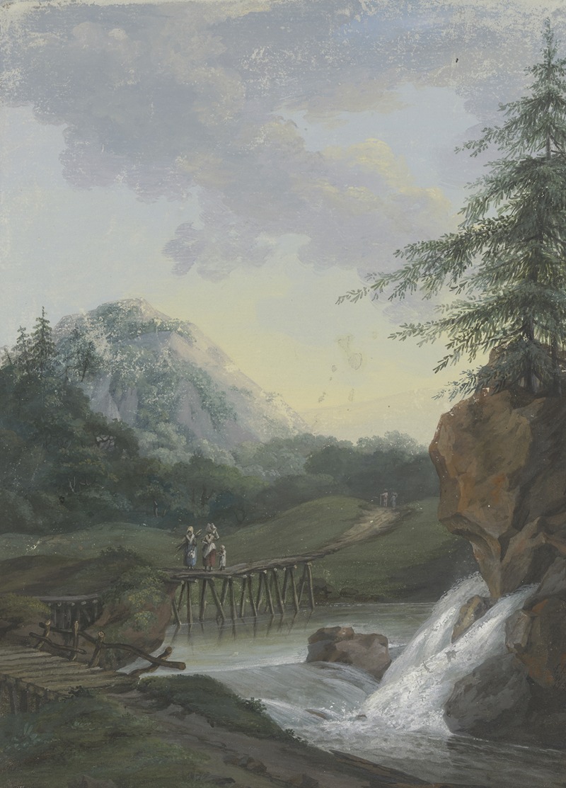 Louise von Panhuys - Landschaft mit einem Wasserfall und einem Steg, auf dem zwei Frauen und ein Kind gehen