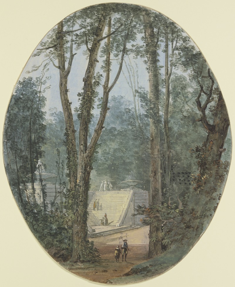 Louis Gabriel Moreau - Parklandschaft mit hohen Bäumen und dem Blick auf einen Treppenanstieg im Mittelgrund