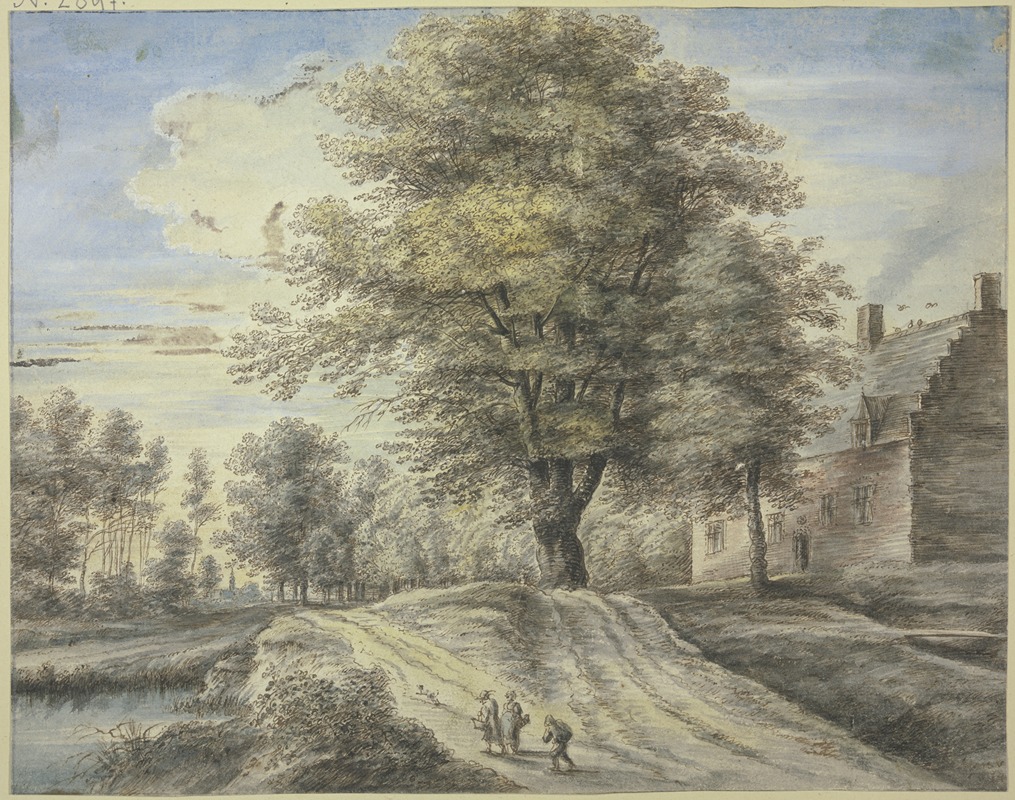 Lucas van Uden - Bei einem Haus ein großer Baum, vorne drei Figuren und ein Hund