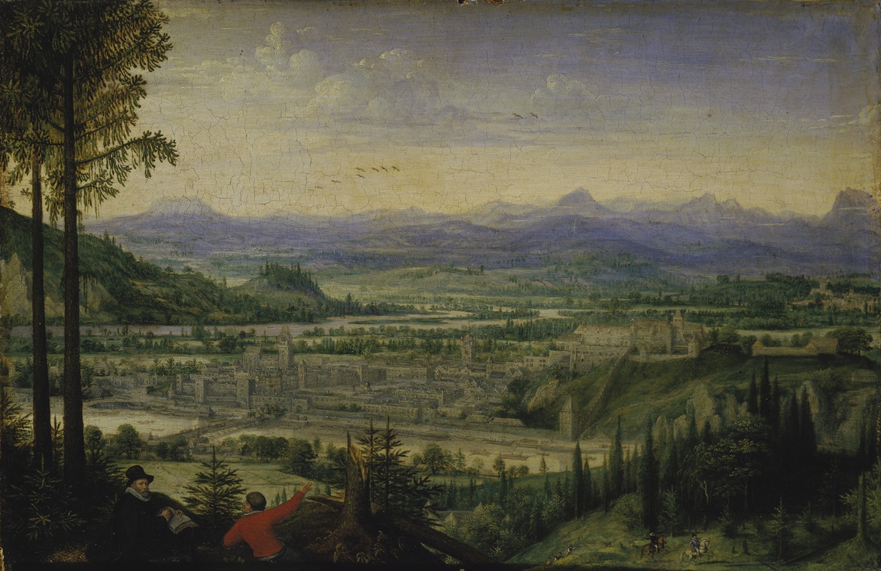 Lucas van Valckenborch - View of Linz with Artist Drawing in the Foreground
